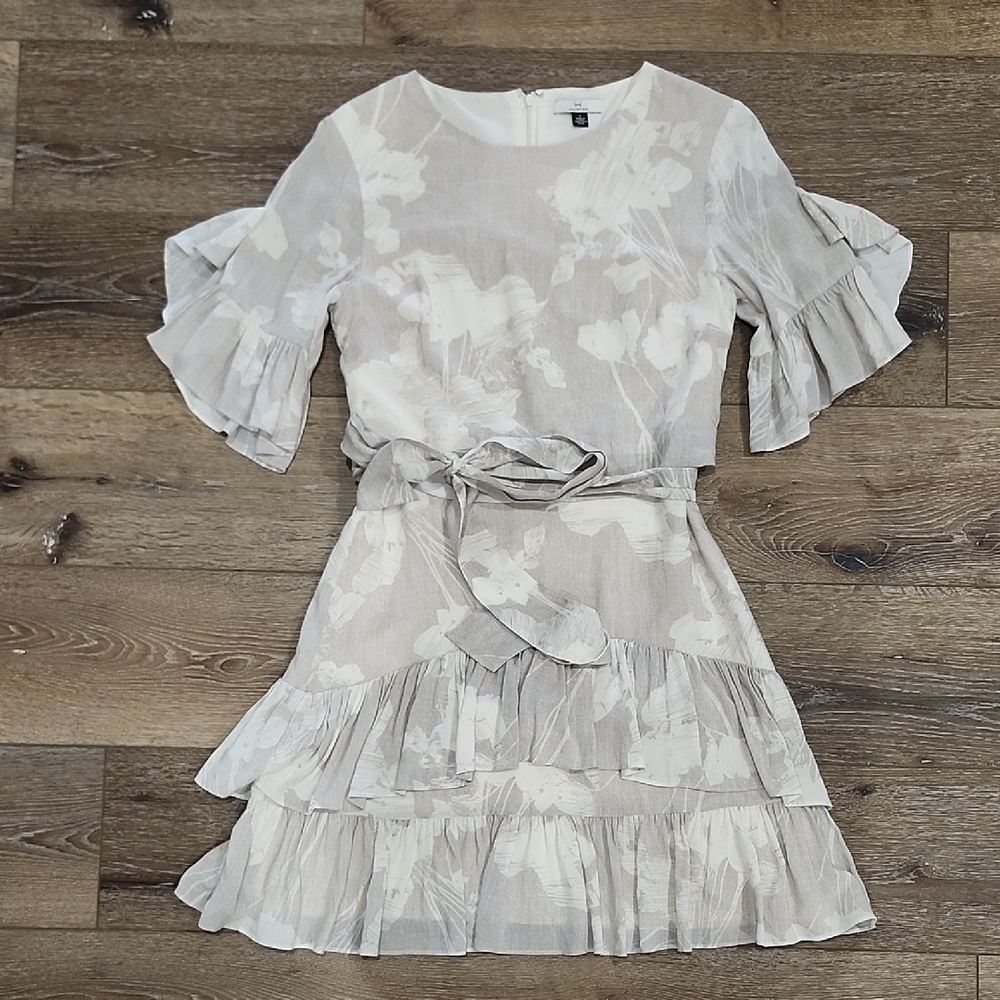 H by Halston Tiered Floral Ruffle Mini Dress Cream and Gray Tie Waist 100% Rayon